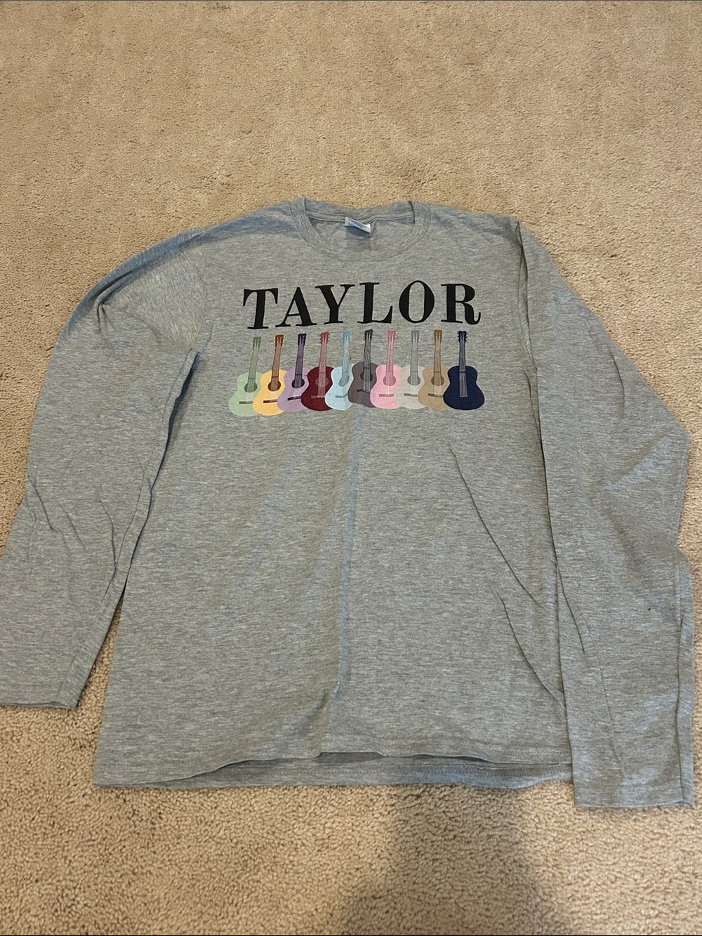 Taylor Swift Long Sleeve Tee with Colorful Guitar Row on Heather Gray